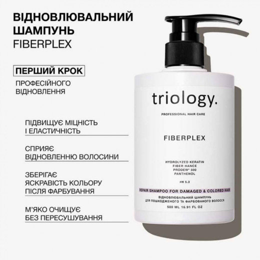 TRIOLOGY Відновлювальний шампунь для пошкодженого та фарбованого волосся Fiberplex, 500 мл